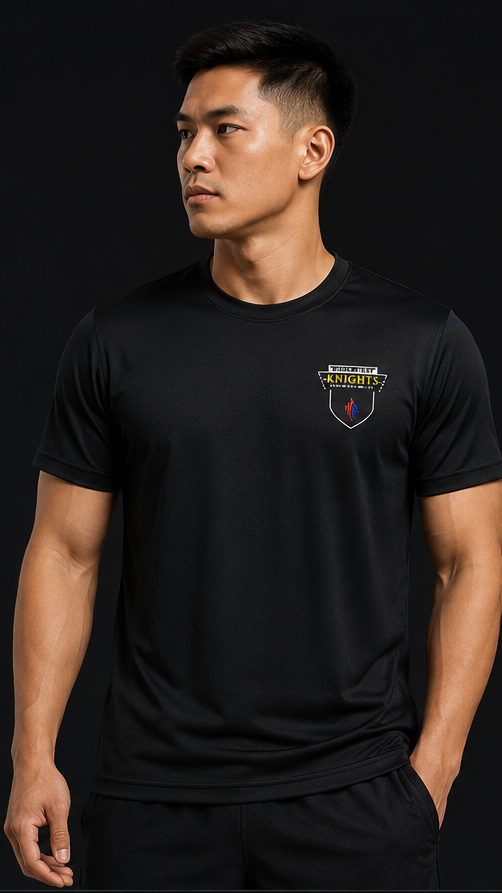 Man wearing a black t-shirt with a logo on a black background
